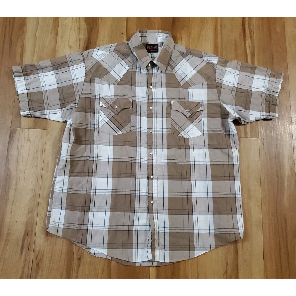 Plains Western Shirt Mens XL Pearl Snap Brown White Western Rodeo Vintage